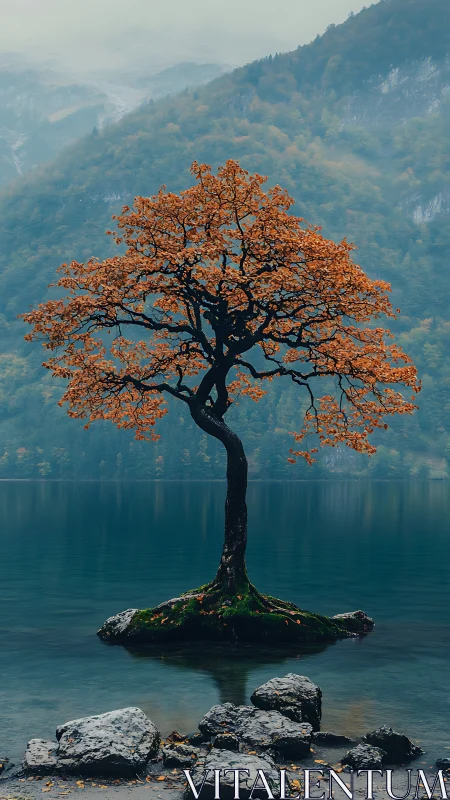 Solitary autumn tree rising from still mountain lake.