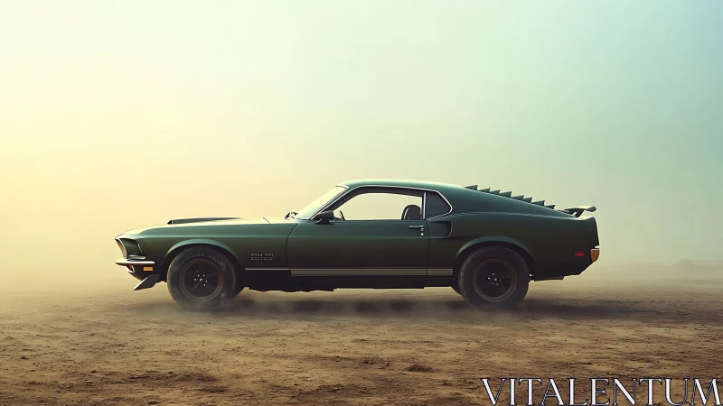 Side-profile render of retro muscle car in dusty desert haze