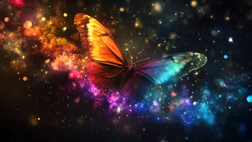 Butterfly with bicolored wings amid luminous particles in space.