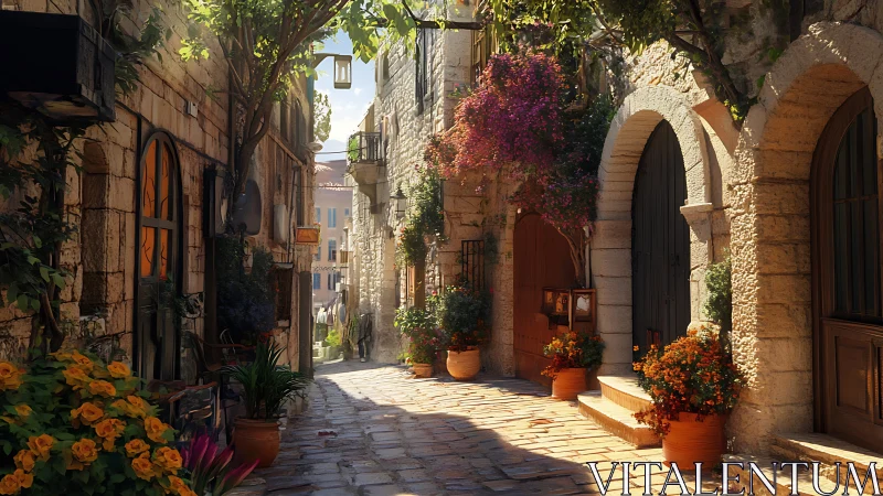 Narrow stone alley with potted plants and arched doorways.