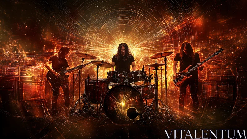 Rock trio ignites a cosmic stage of swirling golden energy.