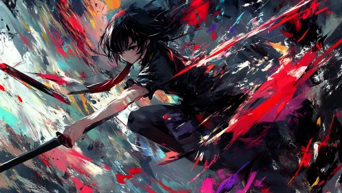 Kinetic anime swordswoman amid turbulent abstract chroma field.