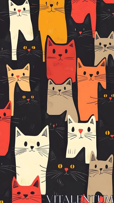 Playful Cat Illustration: Colorful Felines on Dark Background