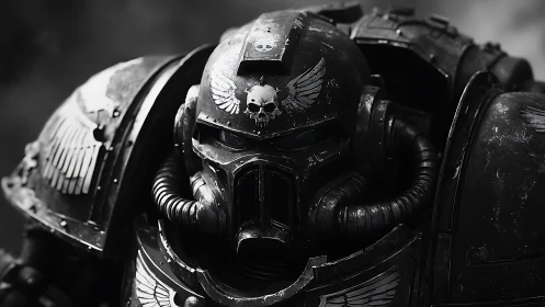 Armored sci fi warrior in black power armor close up.