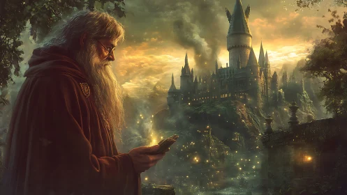 Elder mage with luminous tome before fortified arcane citadel.