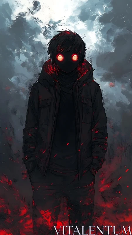 Hooded figure with red glowing eyes in smoke and embers.