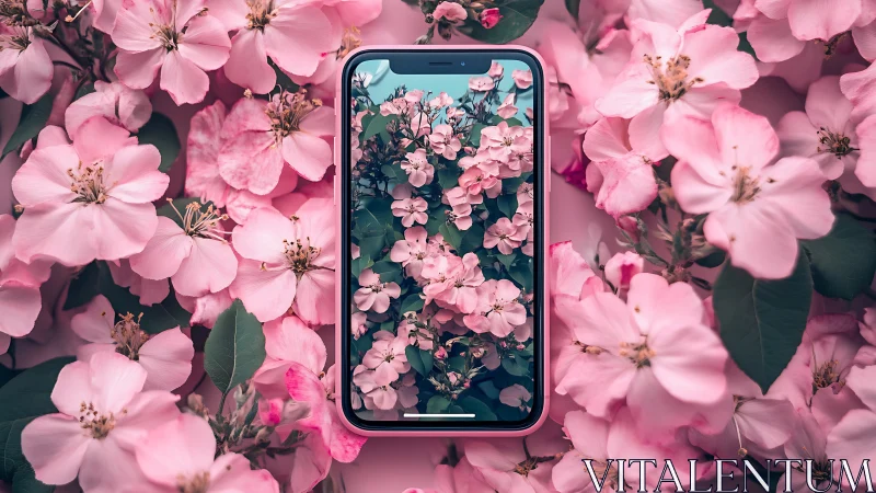 Smartphone Displaying Pink Floral Wallpaper Positioned Centrally Among Blooming Flowers