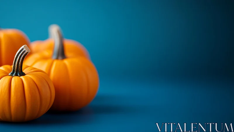 Small orange pumpkins are arranged against a blue backdrop