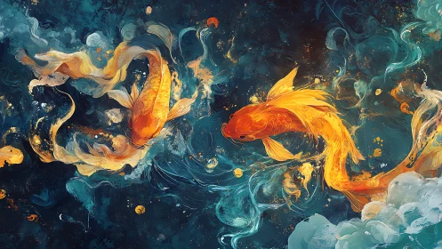 Paired orange koi in swirling abstract aquatic space.