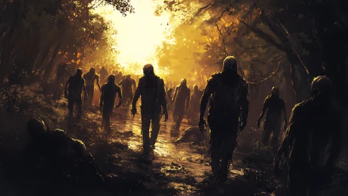Backlit horde composition in apocalyptic forest corridor.
