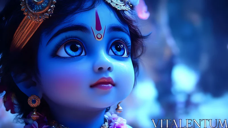Blue divine child gazes upward in jewel-bright wonderment.