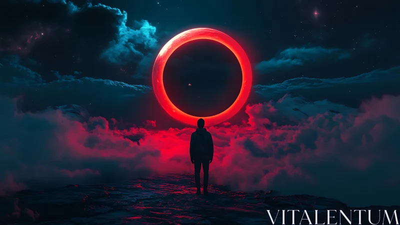 Silhouetted figure faces glowing red ring above cloud abyss