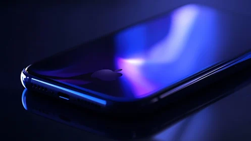 Sleek smartphone glows with blue neon reflections on glass.