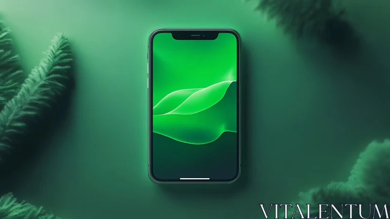 Smartphone with green abstract display among blurred foliage.