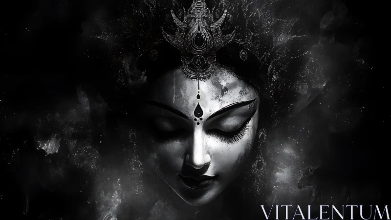 Monochrome divine visage with ornate tiara in smoky void