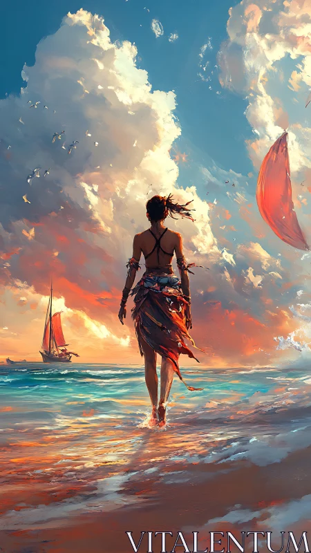 Sunlit wanderer strides seashore beneath radiant storm clouds.