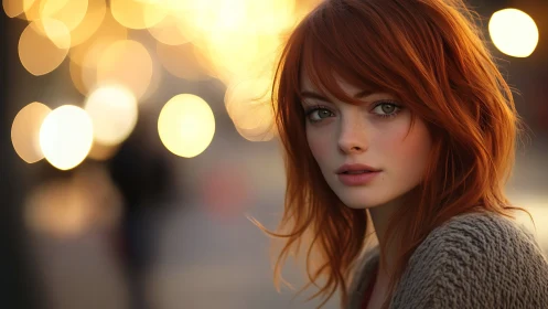 Red-haired young woman in urban bokeh portrait at dusk