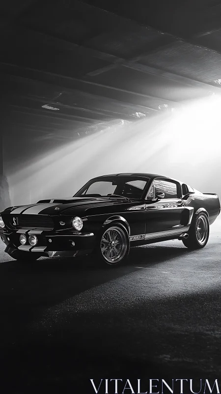 Monochrome classic muscle car under directional shaft lighting
