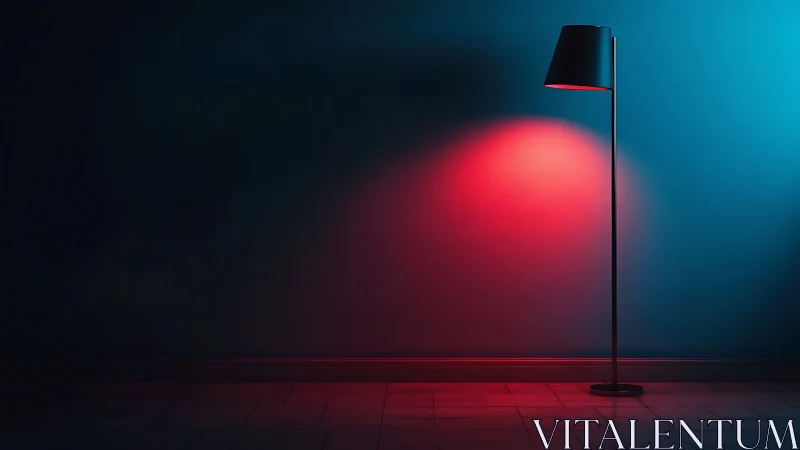 Floor lamp casts red light onto blue wall in dark interior