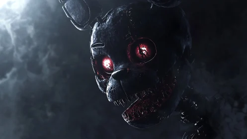 Corroded animatronic rabbit skull with luminescent red optics.