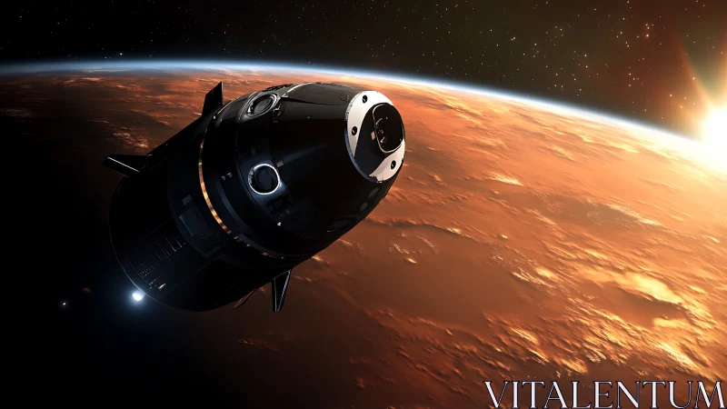 Crewed orbital capsule above Mars terminator at sunrise