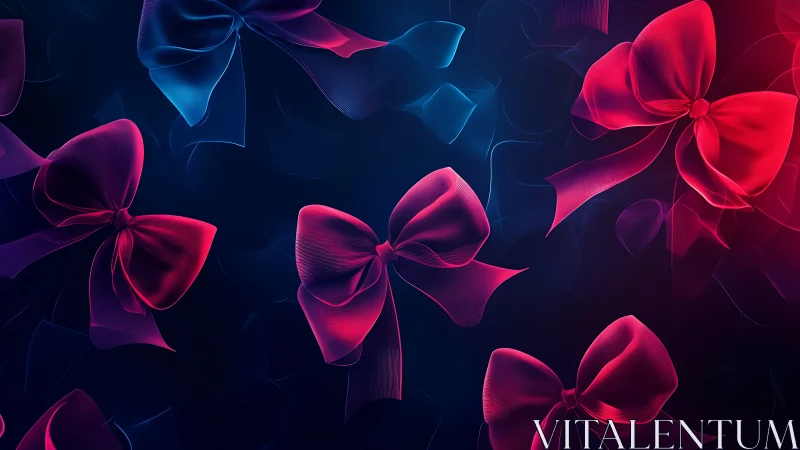 Neon ribbon bows drifting through a dreamy midnight glow.
