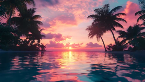 Soft tropical sunset melting into a dreamy pastel lagoon.