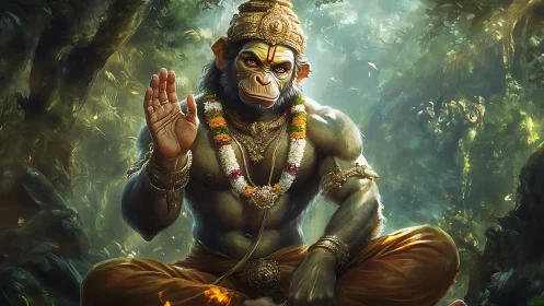 Divine monkey warrior sits blessing amid dense glowing forest