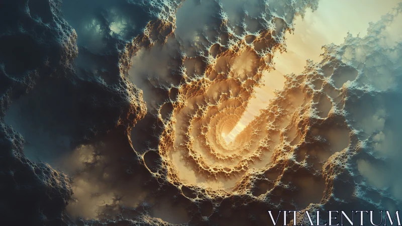 Fractal cavern vortex with golden volumetric light shaft.