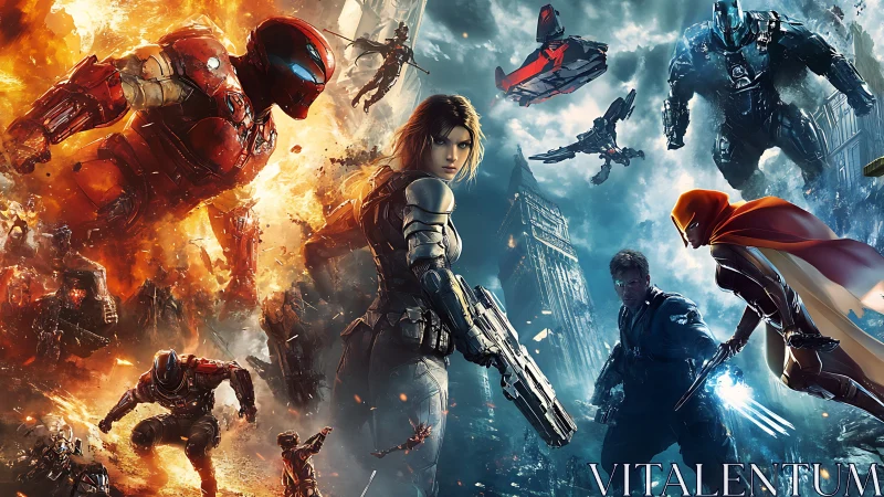 Futuristic combat scene with armored figures and ruins.