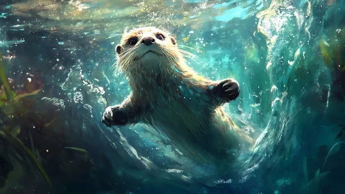Playful otter swims underwater in swirling blue light.