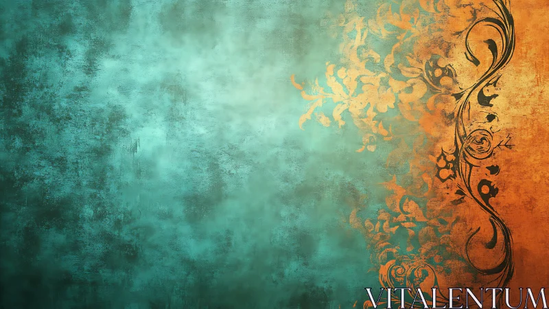 Teal to copper gradient wall with distressed floral ornament band