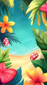 Tropical Beach Scene with Vibrant Florals and Turquoise Waters