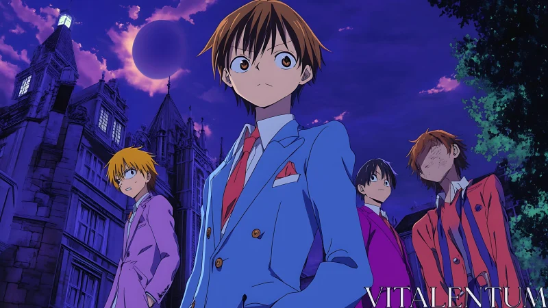 Midnight-suited misfits under an eclipsed academy moon.