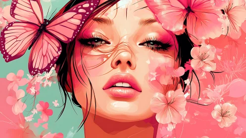 Digital portrait of woman with pink butterflies and blossoms