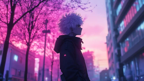 Neon dusk drapes a lone anime wanderer in electric silence.