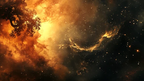 Backlit tree silhouette against radiant golden nebula sky