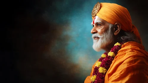 Side-lit elderly sage in saffron robes, high-contrast portrait study