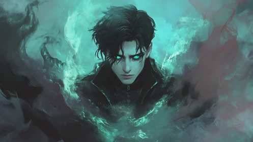 Storm-eyed mage emerging from swirling teal shadows.