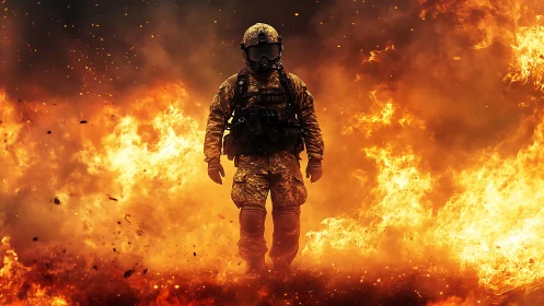 Military figure in tactical gear surrounded by extensive fire and smoke.