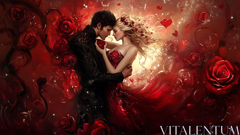 Couple with roses in red surrealist composition.