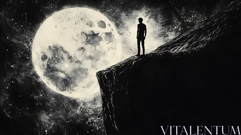 Solitary dreamer poised on a cliff beneath a devouring moon.