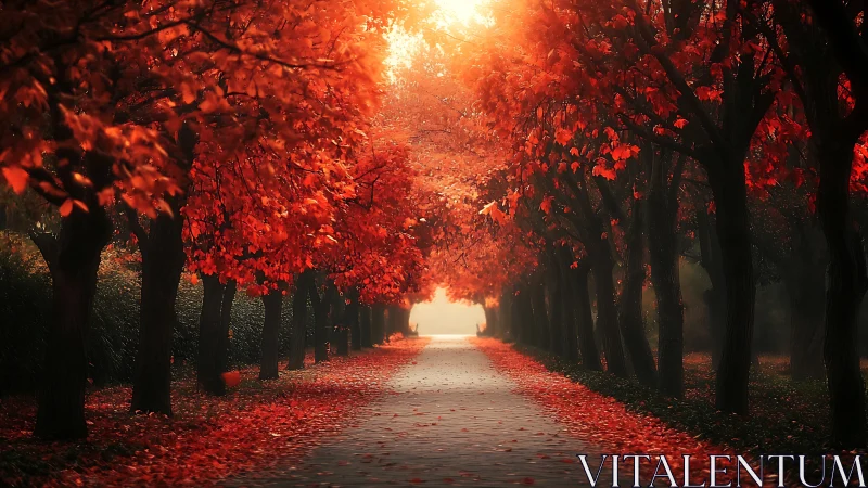 Autumn tree tunnel frames sunlit path with vivid red foliage