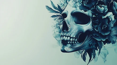 Floral skull illustration with smoke on pale teal background.