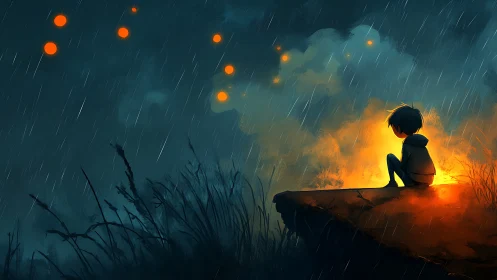 Rain-soaked cliffside boy warms his thoughts by shy fireflies