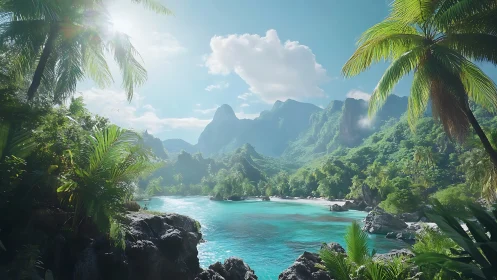 Tropical lagoon landscape with limestone peaks and vegetation.