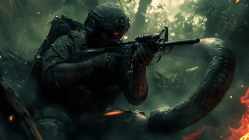 Coiled jungle sniper locked in a neon serpent standoff.