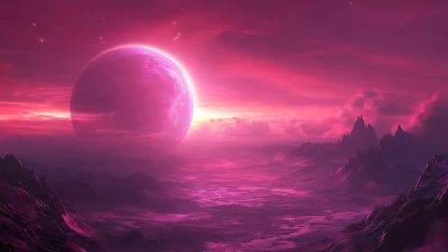 Soft neon planet rising over dreamy magenta mountains.