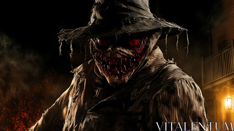 Grotesque scarecrow horror figure under eerie lamplight.