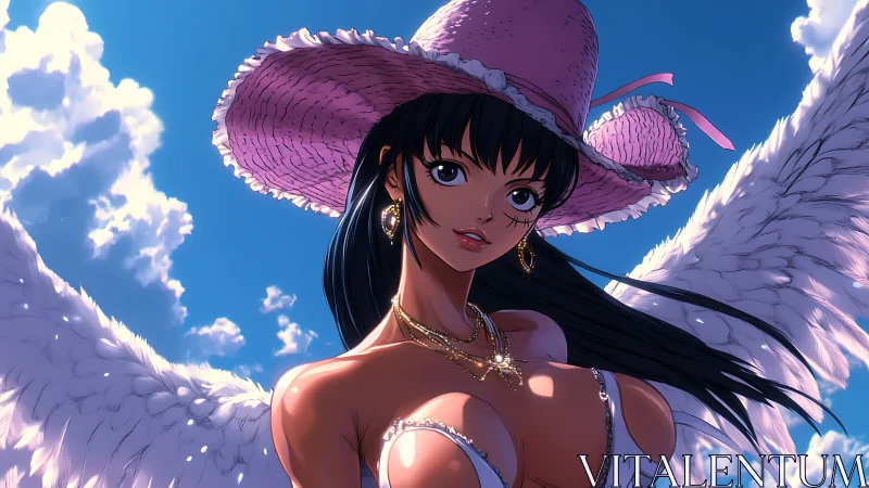 Winged anime woman in sunlit sky with pink summer hat